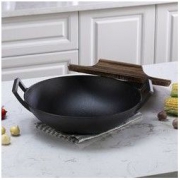 Momscook 中式双耳铸铁炒锅 平底炒锅 杉木盖 36cm