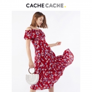 CacheCache 一字肩复古碎花连衣裙 63元包邮