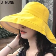 JINUNE 防紫外线双面拼色 大檐渔夫帽 黄色M码