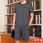 2020夏季圆领短袖爸爸装套装男士纯色t恤衫宽松休闲中老年两件套G