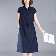 棉麻连衣裙女2020夏季新款纯色宽松休闲收腰显瘦短袖中长裙衬衫裙