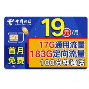 中国电信 玛丽卡 17G通用+183G定向+100分钟 19元/月