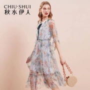 秋水伊人 夏装网纱梦幻印花 连衣裙 灰绿