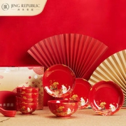 共禾京品 福猫鼠钱 中国红骨瓷餐具 12件套礼盒