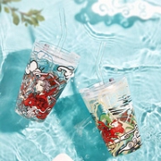 密封带吸管，手绘风：400ml 共禾京品 碧海仙云系列 高硼硅玻璃吸管杯