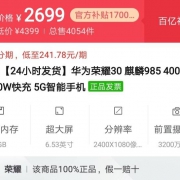 百亿补贴：HONOR 荣耀 30 5G智能手机 8GB 128GB