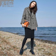 对白 女士 复古格子 中长款夹棉呢大衣