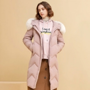 暖频道 女大貉子毛领 中长款修身羽绒服 90%鸭绒