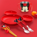 迪士尼儿童餐具5件套 宝宝辅食卡通餐盘带盖单柄水杯碗筷子勺子叉子礼盒装 米奇