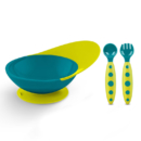 boon 啵儿 儿童宝宝餐具 吸盘碗 防摔 婴幼儿成长训练碗勺餐具套装 蓝色/黄色