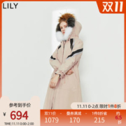 LILY 女狐狸真毛领 抽绳收腰拼色长款羽绒服