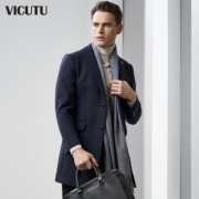 VICUTU/威可多 100%羊毛 男士商务中长款 暗条纹毛呢大衣