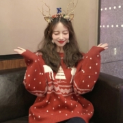 云奈 女士圣诞雪花红色毛衣