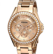 Fossil 化石 Riley系列 ES2811 镶施华洛世奇水晶玫瑰金三眼计时女表