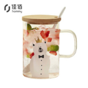 佳佰  日式玻璃杯 小熊杯455ml 带勺带盖