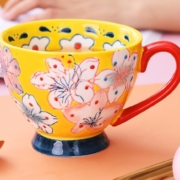 半物生活   欧式早餐杯  高脚陶瓷马克杯  百合花