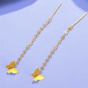 老庙黄金 18K金 Au750彩金玫瑰金蝴蝶流苏耳线