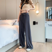 新款巴黎条阔腿裤女春夏高腰花边垂感裤