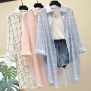 格子衬衫 女夏韩范亚麻长袖防晒衬衣