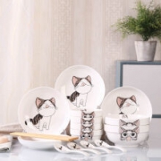 家禾嘻 陶瓷碗盘组合餐具 可爱猫 4碗4盘4筷4垫