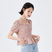 Semir 森马  方领碎花上衣 荷叶边短袖衬衫  10B7421104008-0366
