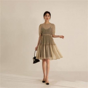 ANNE KLEIN 安妮·克莱因 收腰法式 褶皱泡泡袖连衣裙  BAB2203SPP