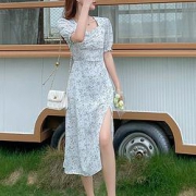 LaChapelle  拉夏贝尔旗下 女式方领小碎花  开叉连衣裙  24183-12AW-69