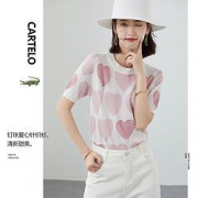 CARTELO 卡帝乐鳄鱼 珍珠装饰T恤 爱心圆领短袖针织衫   C05060Q16A1