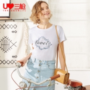 三枪短袖T恤女 夏季纯棉印花薄款圆领汗衫女时尚修身外穿打底衫夏