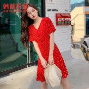 韩都衣舍  碎花裙  法式V领连衣裙  女DU9538