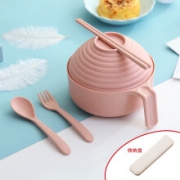 喜得润 小麦秸秆泡面碗套装 小麦碗+盖碗+筷叉勺 北欧米+收纳盒 北欧粉