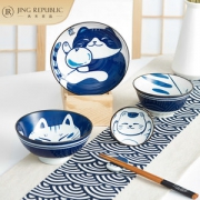 共禾京品 日式手绘可爱猫咪釉下彩碗碟6件套