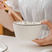 竹木本记 竖纹黑线陶瓷碗 4.5英寸 5个装