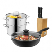 WMF 福腾宝 麦饭石色不粘炒锅汤蒸锅刀具 5件套装
