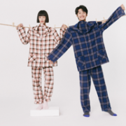 三枪 2021新品 格纹翻领纯棉长袖情侣家居服套装