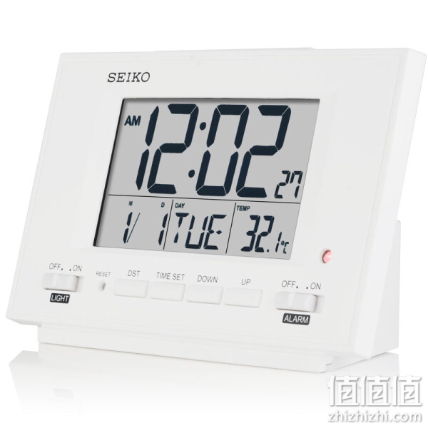 SEIKO 精工 QHL075W 时尚贪睡静音闹表带日历智能夜灯小巧屏幕常亮电子式钟表闹钟 白色