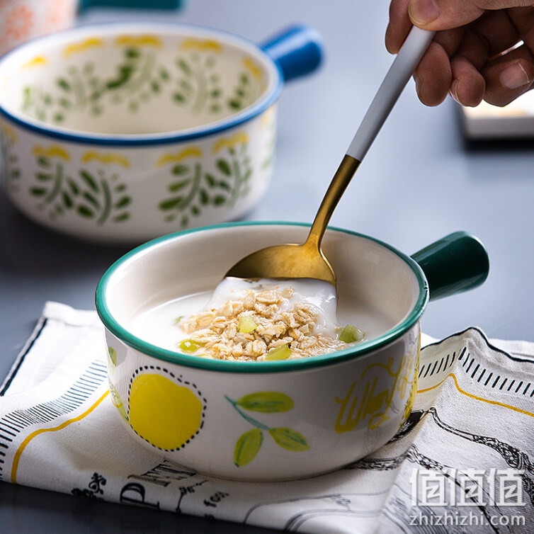 全适 日式大号焗饭碗带把陶瓷烤碗 面碗沙拉碗家用米饭碗 泡面碗 手绘柠檬手柄碗 水果碗 甜点碗 汤碗
