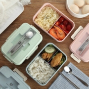 树镇小麦秸秆饭盒便当盒分格学生带盖餐盒微波炉成人食堂保温盒 小麦北欧蓝【带不锈钢餐具】