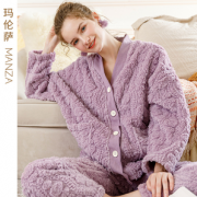 芬腾旗下 玛伦萨 女式2021秋冬新款保暖法兰绒宽松家居服套装