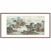 橙舍 姚涯屏 新中式山水风景装饰画《江楼高会》装裱80x160cm 宣纸 雅致胡桃