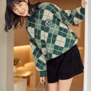 限尺码：乐町 女士复古格纹线衫 套头毛衣 CWEEB4F74B4