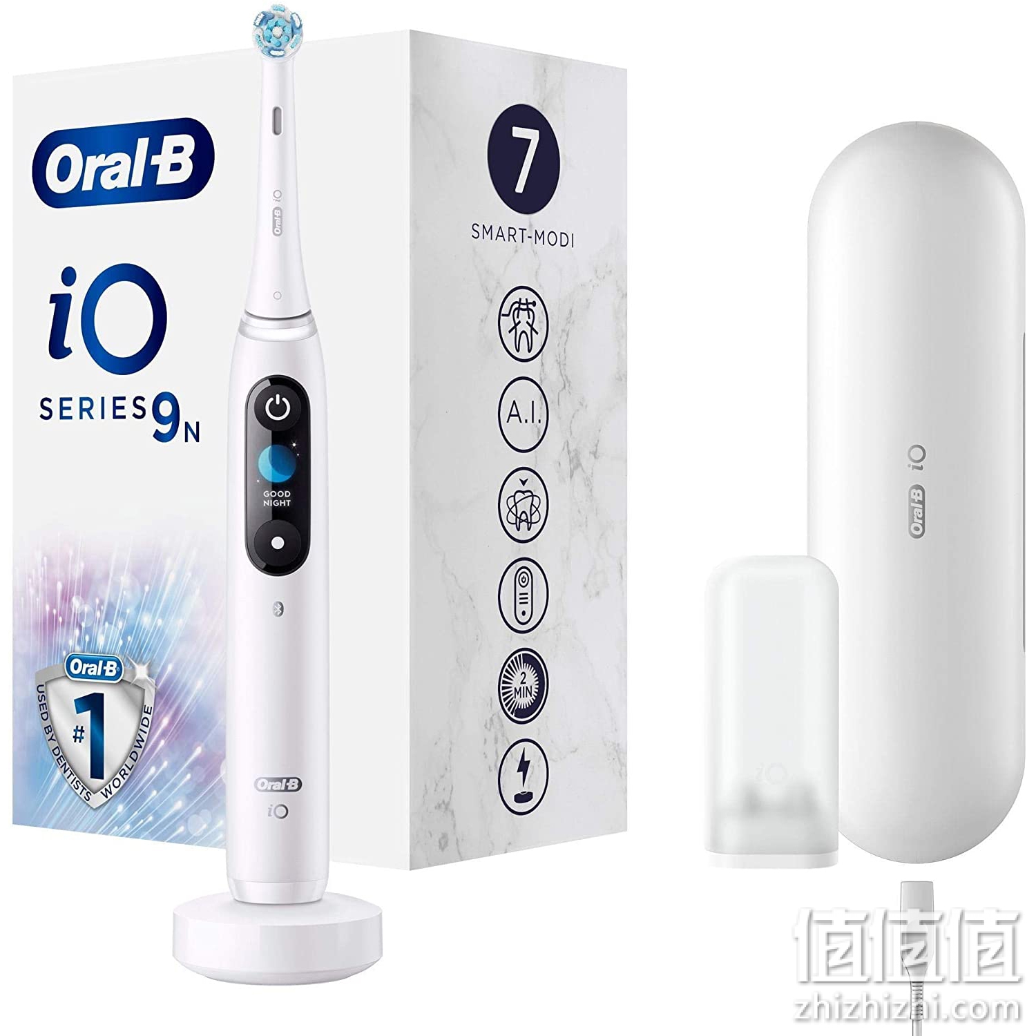 Oral-B 欧乐B iO 9 电动牙刷 采用革命性的磁性技术和微振动 7个清洁程序 3D齿表面分析 彩色显示屏和充电盒 白色