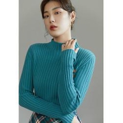 DUSHU独束大码女装竖坑条显瘦半高领针织衫女秋冬2021新款胖mm复古套头毛衣湖蓝色XL