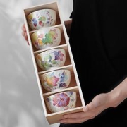 美浓烧日式餐具和蓝繁华陶瓷饭碗套装1.0x6.5cm一套5个