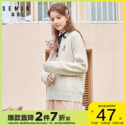 森马毛衫女2019冬季圆领套头毛衣花纱刺绣上衣落肩袖