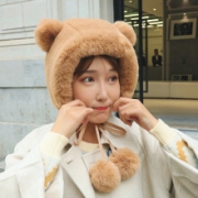 屿笙栀毛绒小熊帽子女冬季时尚潮流网红仿羊绒帽少女可爱日系雷锋帽毛绒帽 卡其色
