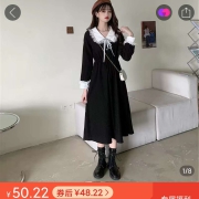 2021韩版气质娃娃领法式长袖连衣裙女秋季新款收腰显瘦灯芯绒裙子