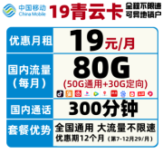 中国移动 移动青云卡（19元月租，50G通用 30G定向 300分钟通话）
