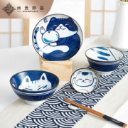 共禾京品 日式手绘可爱猫咪 柯基釉下彩碗碟 6件套