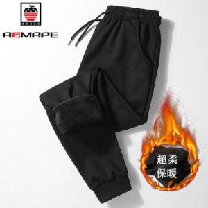 PLUS会员：AEMAPE 男士新款加绒加厚运动休闲裤 黑色